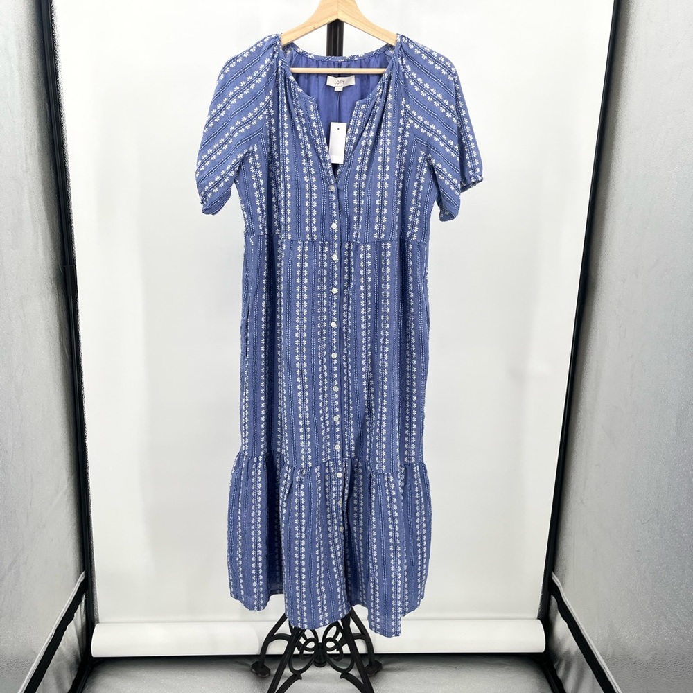 Loft Tiered Maxi Dress Cottagecore Blue Chambray with Embroidered White Flowers